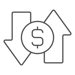 Exchange arrows with dollar coin thin line icon, financial advice concept. Vector graphics. Income and money spending sign on white background, outline style icon for mobile or web design.