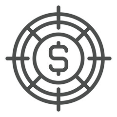 Dollar coin with target pointer line icon, financial advice concept. Vector graphics. Money income target audience sign on white background, outline style icon for mobile or web design.