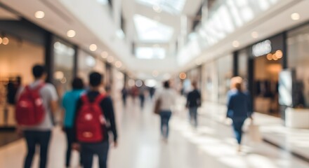 Blurred Bustling Shopping Mall with Shoppers and Storefronts