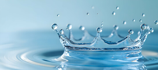 Water splashing on glass, with clear water droplets floating in the air and creating circular ripples around them