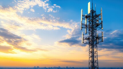 A tall cellular tower silhouettes against a stunning vibrant sunset sky with a distant cityscape creating a breathtaking urban landscape view