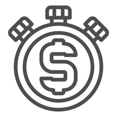 Stopwatch timer with huge dollar letter line icon, financial advice concept. Vector graphics. Clock, time is money sign on white background, outline style icon for mobile or web design.