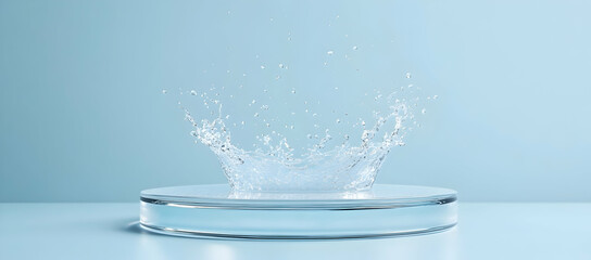 Water splashing on glass, with clear water droplets floating in the air and creating circular ripples around them