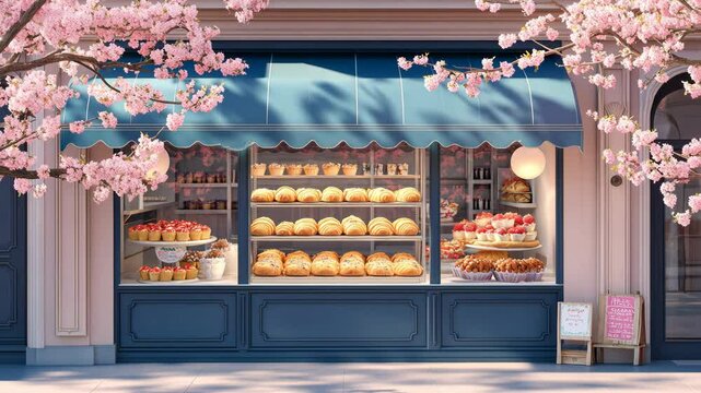 Springtime bakery display shows delightful pastries and treats under blooming cherry blossoms