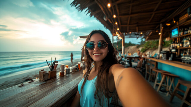 Girl take selfie on background of tiki bar and sea landscape. Vector cartoon illustration of woman taking self photo on phone camera on ocean beach with wooden cafe with bartender