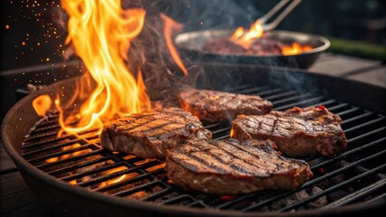 Juicy steaks grilling over an open flame, creating a mouth-watering scene filled with smoke and vibrant flames.