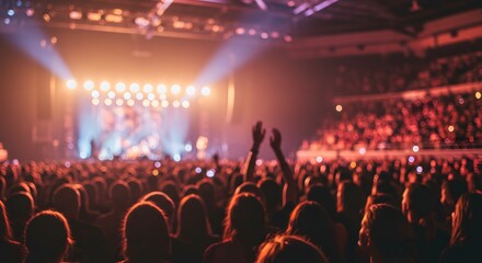 Energetic Concert Crowd with Stage Lights and Musical Atmosphere - Entertainment, Music, and Event Background