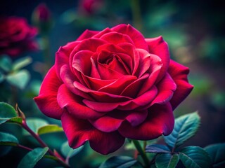 Low Light Closeup of Red Rosa Oklahoma Rose Blooming in Spring Garden