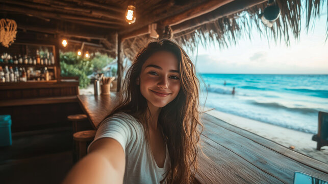 Girl take selfie on background of tiki bar and sea landscape. Vector cartoon illustration of woman taking self photo on phone camera on ocean beach with wooden cafe with bartender