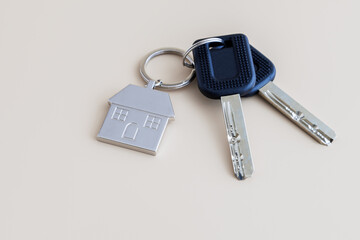 Metal keychain in shape of house and keys on light background.