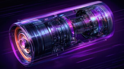 Compact high-speed motor with metallic components on a deep purple background
