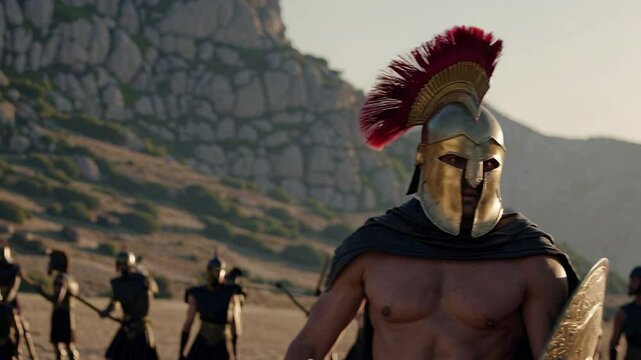 A Muscular Male Spartan Warrior in Classical Armor with a Feathered Helmet and Shield Stands in a Rocky Landscape Amidst a Gathered Troop of Soldiers