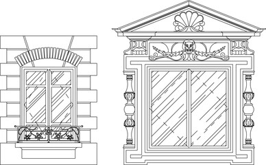 vector sketch illustration silhouette of colonial gothic renaissance window design with pergola and canopy classic vintage european model 