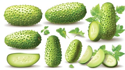 Variety of Fresh Green Cucumbers with Slices and Leaves Displayed on White Background