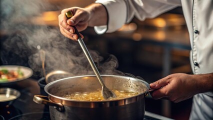 A chef stirs a pot of steaming food, showcasing culinary skill in a vibrant kitchen setting.
