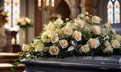 coffin decorated with white roses in church animation