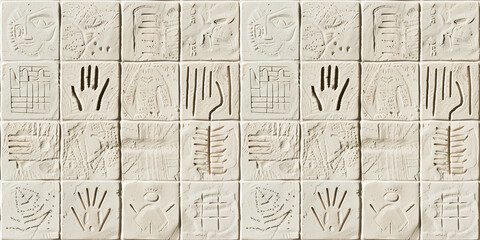 Fototapeta premium Relief artwork depicting handprints and symbols on a textured stone surface