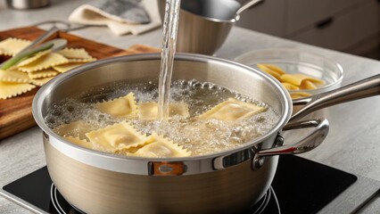 A pot of boiling water with ravioli cooking, surrounded by uncooked pasta, on a modern kitchen countertop.
