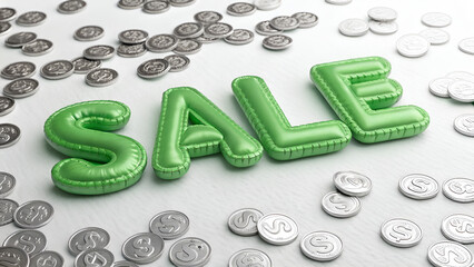 Green inflatable sale letters surrounded by silver coins on a white surface background top view