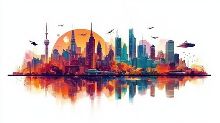 Fototapeta premium Travel Adventure in a Retro-Futuristic Cityscape on World Tourism Day