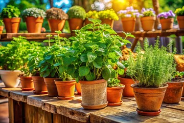 Fototapeta premium Lush Catnip Plants for Sale at Vibrant Outdoor Farmers Market
