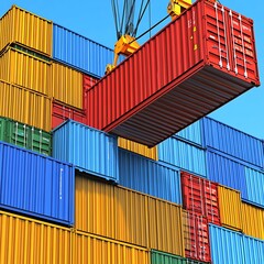 Fototapeta premium A crane lifting a red cargo container in a storage yard