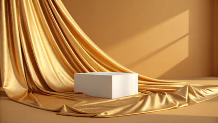 White cube on gold fabric backdrop with soft light creating a luxurious presentation scene for products