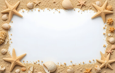 summer sea concept banner frame with sand shells and starfish. border on a white background.