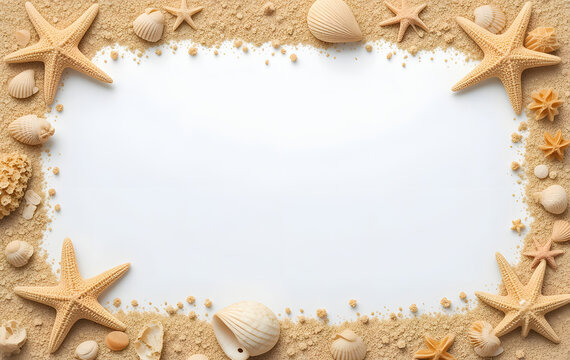 summer sea concept banner frame with sand shells and starfish. border on a white background.