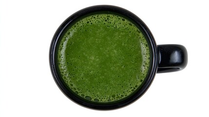 Top View of a Dark Ceramic Cup Filled with Green Matcha Tea on a White Background