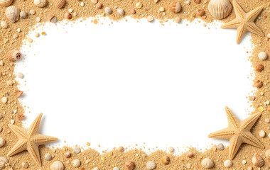 summer sea concept banner frame with sand shells and starfish. border on a white background.