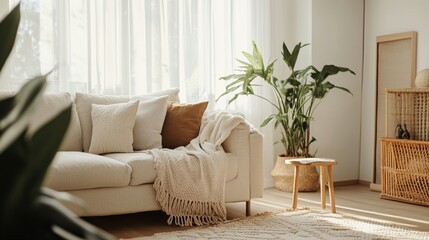 Fototapeta premium Beautiful minimalist living room with furniture and plants