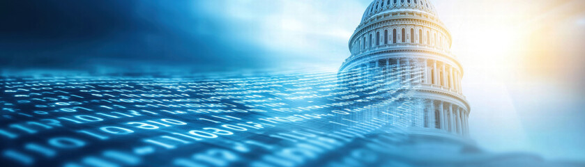 U.S. Capitol building surrounded by flowing digital data, symbolizing technology and governance