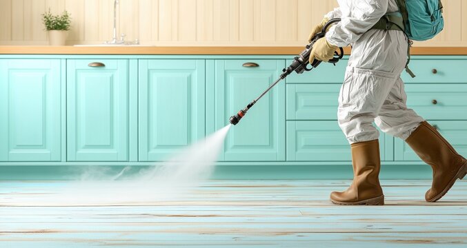 worker in protective gear sanitizes a vibrant kitchen floor with a spray device. bright cabinetry and wooden flooring create a welcoming environment while ensuring thorough cleaning