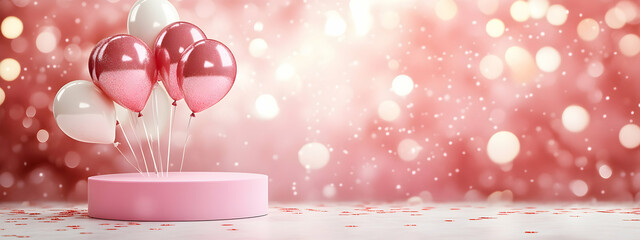 A pink podium with balloons floating in the air