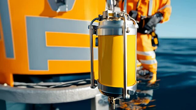 Oceanographic research: deploying a water sampler for marine study blue ocean background