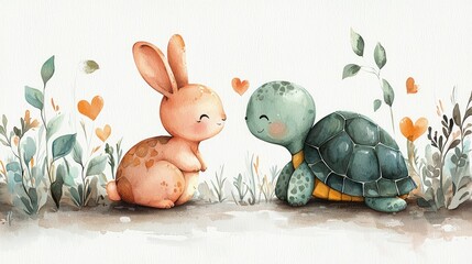 Cute watercolor illustration of a rabbit and turtle sharing a moment in a serene garden