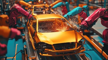 Fototapeta premium Factory floor with robotic welding machines assembling a car body on a metallic silver background