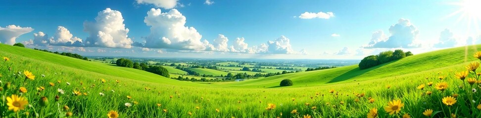 Fototapeta premium Vibrant green hills under a blue sky with fluffy clouds and blossoming wildflowers.