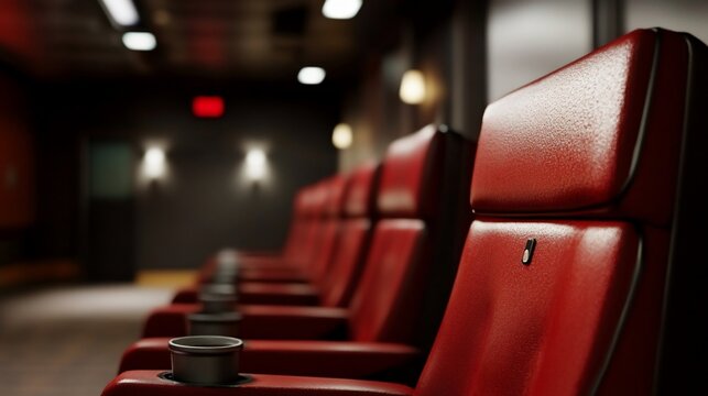 Rows of inviting red seats in a dimly lit theater creating anticipation