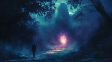Obraz premium Man traveler walk to magic portal between tree trunks at night. Vector cartoon fantasy illustration for adventure game background. Mountain landscape with fantastic glow gates to alien world