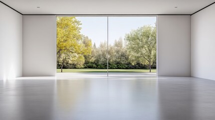 Fototapeta premium Empty modern room with large windows overlooking a park