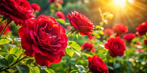 Obraz premium Lush Red Rose Bush in Summer Garden - Candid Photography