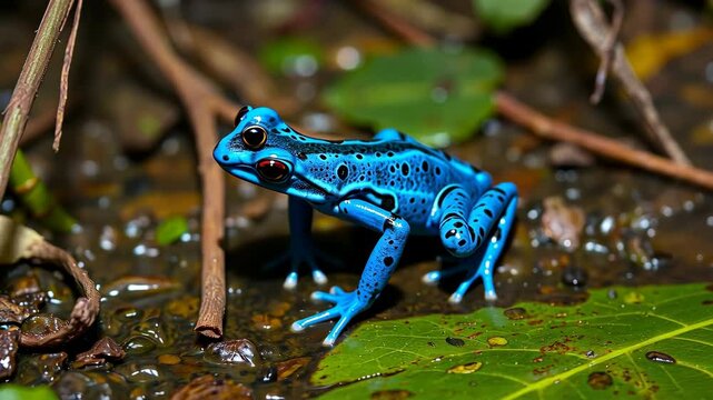 Vibrant Blue Poison Dart Frog on a Green Leaf in a Dark Rainforest Setting