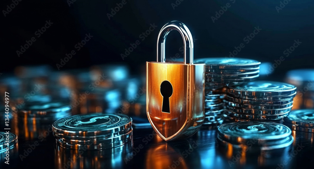 Aufkleber a shiny gold lock stands among stacks of coins, symbolizing security and privacy in banking practice