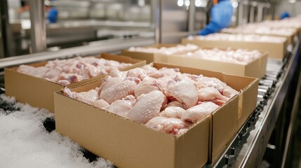 Frozen chicken packed in cardboard boxes, stored in a commercial freezer