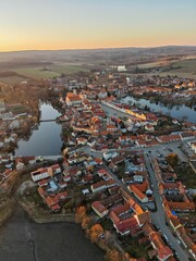 Obraz premium Aerial panorama of historical town Telc with old square and Renaissance castle.