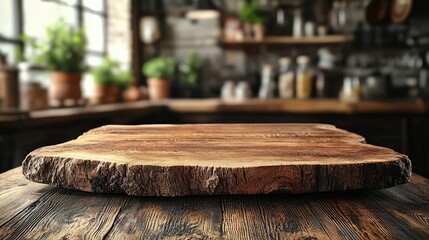Rustic wooden cutting board on a table in a cozy kitchen with plants