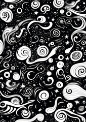 Abstract black and white cosmic pattern with swirling shapes, stars, and celestial elements in a hand-drawn style. Concept of space, universe, fantasy, creativity, mystery, and artistic design.