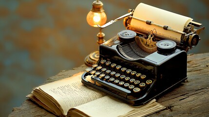 Vintage Typewriter and Antique Lamp on Wooden Desk
